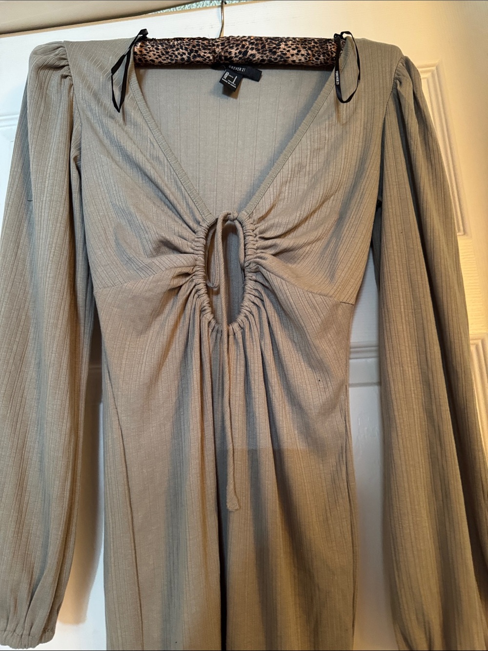 Forever 21 Olive Green Long Sleeve Ruched Front Dress
